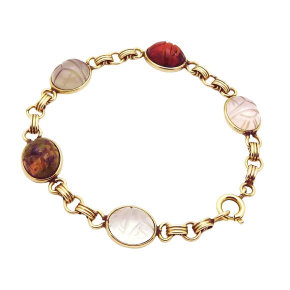 Vintage 12K Gold Filled Aumara Scarab Beetle Egyptian Revival Gemstone Bracelet - Picture 5 of 10